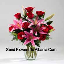 Lilies And Rose In A Vase Including Seasonal Fillers Delivered in Albania