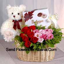 Basket Of Red And Pink Roses, A Box Of Chooclate And A Cute Teddy Bear Delivered in Albania