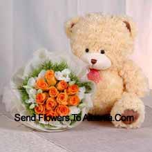 Bunch Of 11 Orange Roses And A Medium Sized Cute Teddy Bear Delivered in Albania