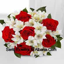 Bunch Of 7 Red Roses And Seasonal White Flowers Delivered in Albania