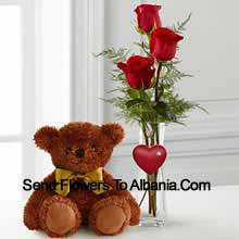 Three Red Roses In A Red Test Tube Vase And A Cute Brown 10 Inches Teddy Bear Delivered in Albania