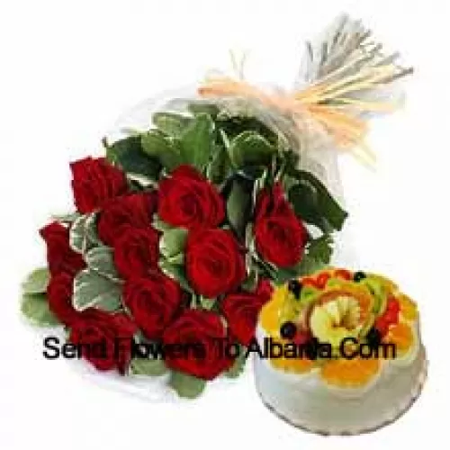 Bunch Of 11 Red Roses With Seasonal Fillers Along With 1 Lb. (1/2 Kg Fruit Cake)