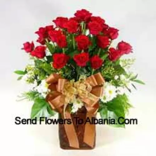 23 Red Roses And 14 White Gerberas With Seasonal Fillers In A Vase