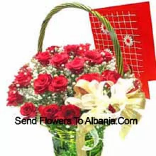 Basket Of 25 Red Roses With A Free Greeting Card