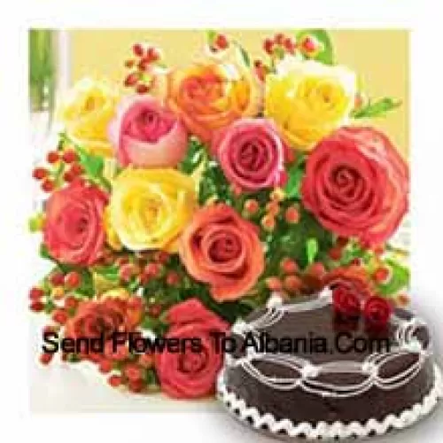 Bunch Of 11 Mixed Colored Roses With Seasonal Fillers and 1/2 Kg (1.1 Lbs) Chocolate Truffle Cake