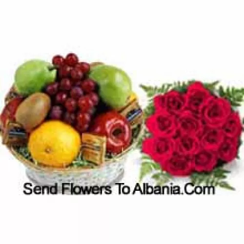Bouquet de 11 roses rouges avec un panier de 5 kg de fruits frais