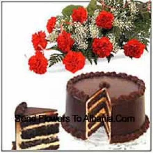 Bunch Of 11 Carnations With Seasonal Fillers and 1 Kg (2.2 Lbs) Chocolate Cake