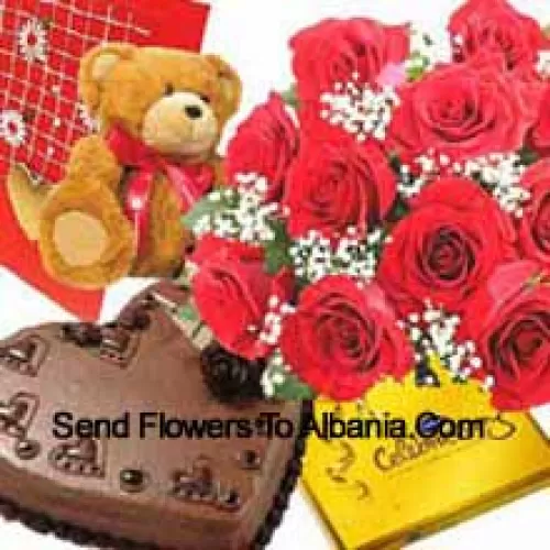 Bunch Of 11 Red Roses, Small Cute Teddy Bear, A Box Of Cadbury's Celebration Pack And 1 Kg Heart Shaped Chocolate Cake With A Free Greeting Card