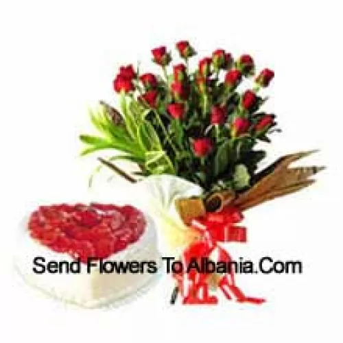 Bunch Of 25 Red Roses With 1 Kg Heart Shaped Pineapple Cake