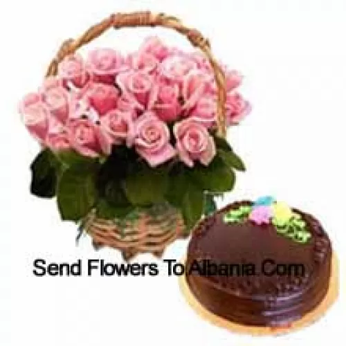 Basket Of 25 Pink Roses Along With A 1 Kg Chocolate Truffle Cake