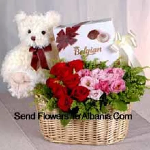Basket Of Red And Pink Roses, A Box Of Chooclate And A Cute Teddy Bear