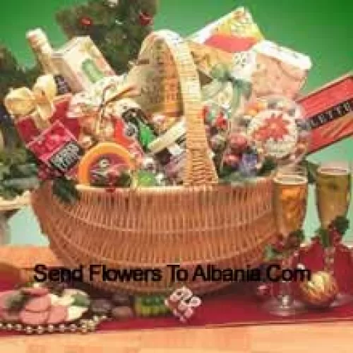 Our elegant wicker basket contains everything you'll need to celebrate this year with all your loved ones. The basket overflows with Starlite Mints in a Happy Holidays theme bag, 4 oz. Butter Toffee Pretzels, 3 oz. Peanut Butter Filled Delights, 3 oz. Caramel Filled Holiday Chocolates, Sara Sweets Box of Holiday Sugar Plums, 3.75 oz. Old Fashioned Chocolate Walnut Fudge, Old Fashioned Peanut Brittle, 2.25 oz. Peppermint Bark Bar, 4 oz. Old Fashioned Holiday Ribbon Candies, 5 oz. Beef Salami, Wisconsin Cheddar Cheese Round, Costa 8 oz. Wheat Crackers, Grained Mustard, Dolcetto's Cream-Filled Pastry Roll Cookies, 8 oz. Holiday Blackberry Jam, Sparkling Apple Cranberry Cider, Gourmet Holiday Coffee Blend and Holiday Traditions Assorted Holiday Cocoa. (Please Note That We Reserve The Right To Substitute Any Product With A Suitable Product Of Equal Value In Case Of Non-Availability Of A Certain Product)